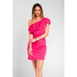 Félvállas fodros pink  ruha