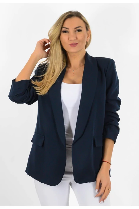 Sötétkék ráncolt ujjú, elegáns blézer