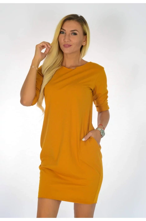 Sophie lézervágott zsebes pamut  mustár sárga ruha/tunika