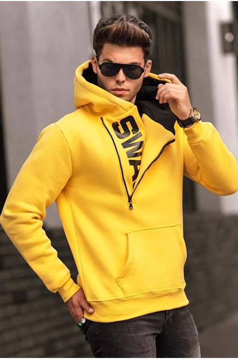 Oldalt cipzáros ,kapucnis sárga pulóver