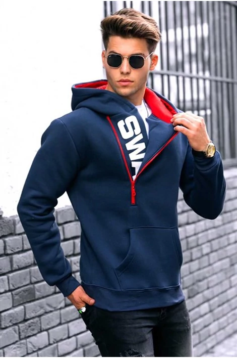 Oldalt cipzáros ,kapucnis kék pulóver