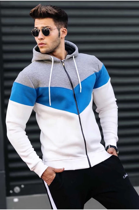 Fehér-kék-szürke kapucnis sportos pulóver