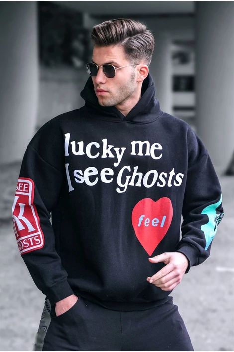 Elől-hátul nyomatos fekete pulóver