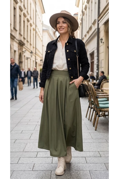 Zsebes khaki elegáns szoknya