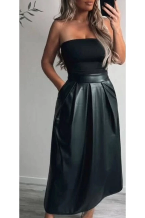 Műbőr zsebes  fekete maxi szoknya