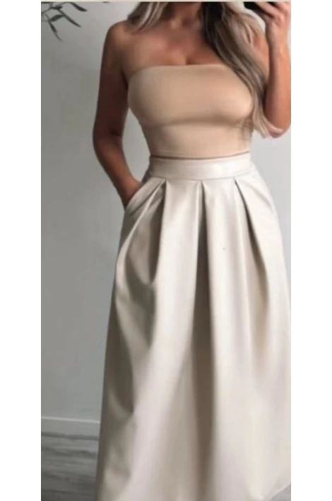 Műbőr zsebes  drapp maxi szoknya