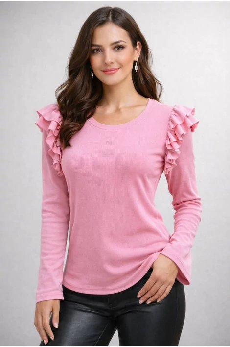 Fodros vállú rozsaszín felső
