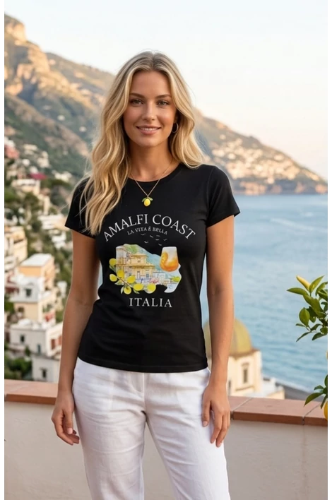 Amalfi coast nyomott mintás fekete póló