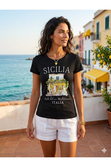Sicilia nyomott mintás fekete póló
