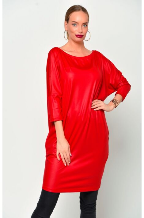 Latex hatású félvállas piros tunika/ruha