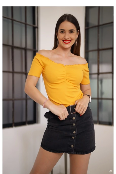 Mustár sárga vállra húzható fodros felső