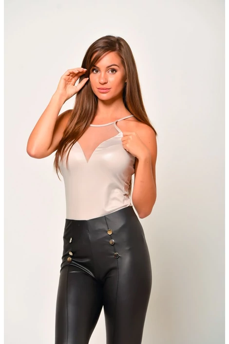 Tüll betétes latex hatású drapp body