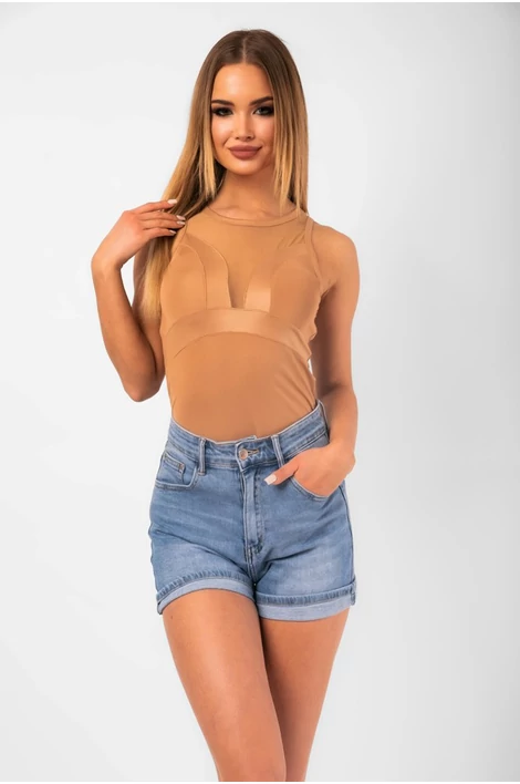 Tüll betétes mocha színű body