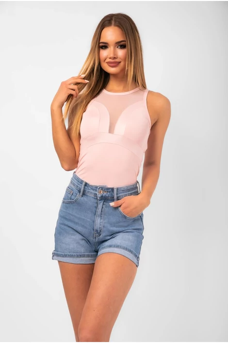 Tüll betétes rózsaszín body