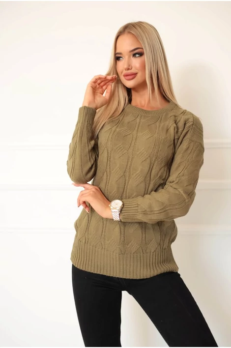 Egyedi kötésmintájú khaki pulóver