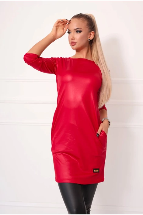 Latex hatású zsebes, piros tunika/ruha