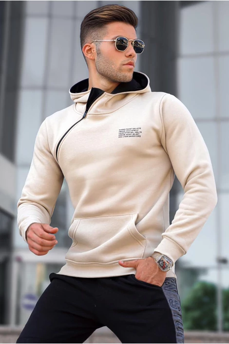 Oldalt cipzáros ,kapucnis  drapp pulóver