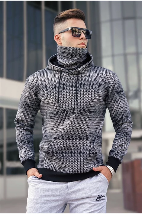 Extravagáns magas nyakú kapucnis szürke-fekete pulóver