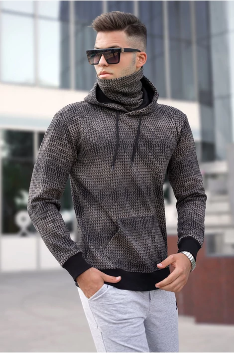 Extravagáns magas nyakú kapucnis barna-fekete pulóver