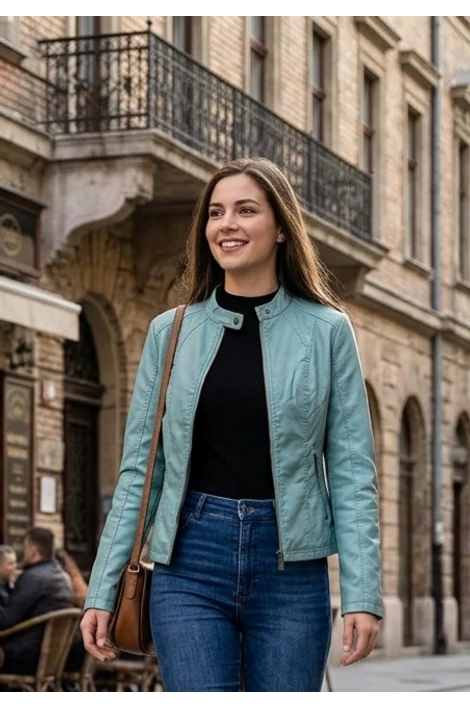 Állónyakú,cipzáros farmerkék  műbőr dzseki