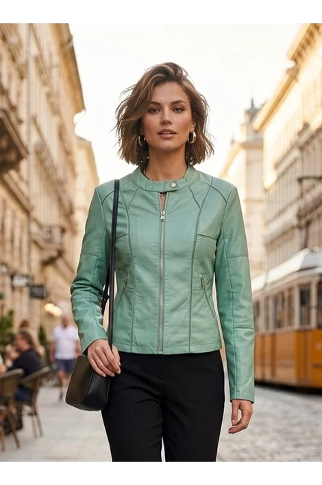 Állónyakú,cipzáros világoszöld műbőr dzseki