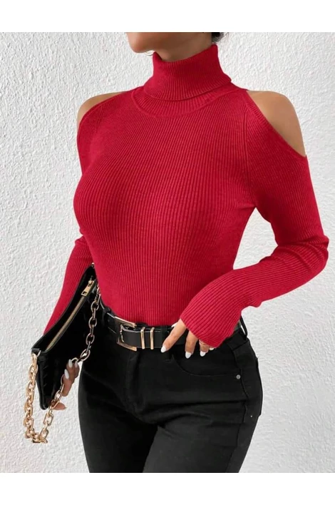 Vállán lyukas piros kötött felső