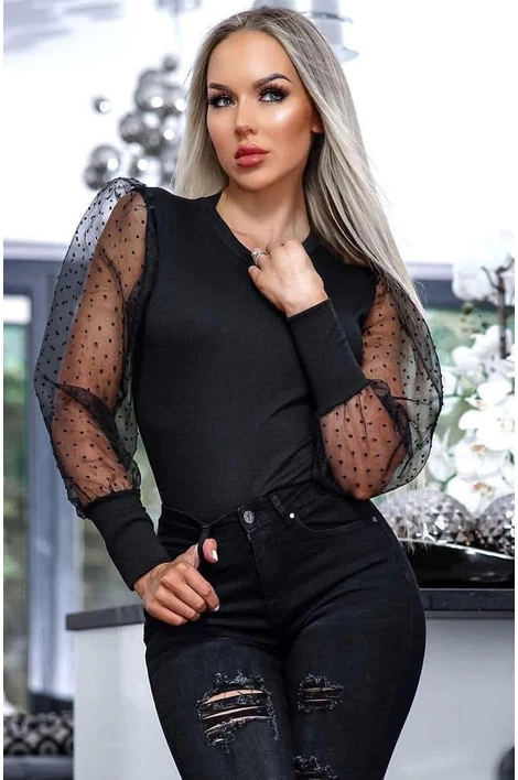 Pöttyös tüll ujjú fekete felső