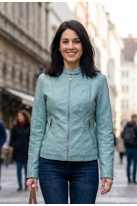 Állónyakú,cipzáros olajzöld műbőr dzseki
