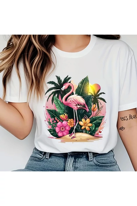 Rózsaszín flamingó mintás fehér póló