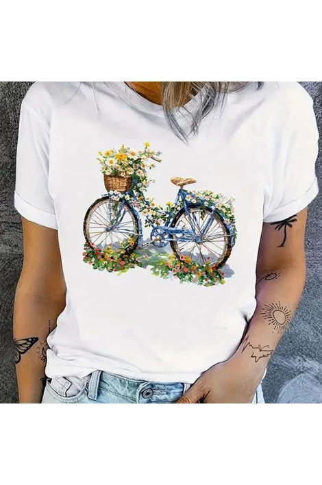 Bicikli mintás margaréta virággal, fehér póló