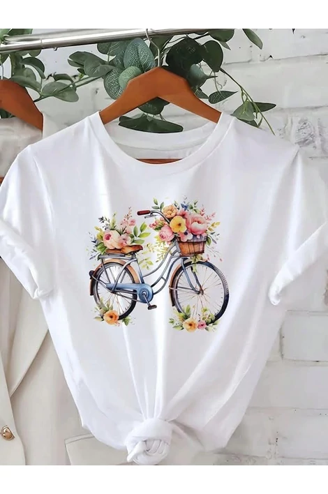 Bicikli mintás mályva virágos, fehér póló