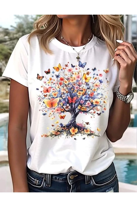 Virágzó fa mintás, fehér póló