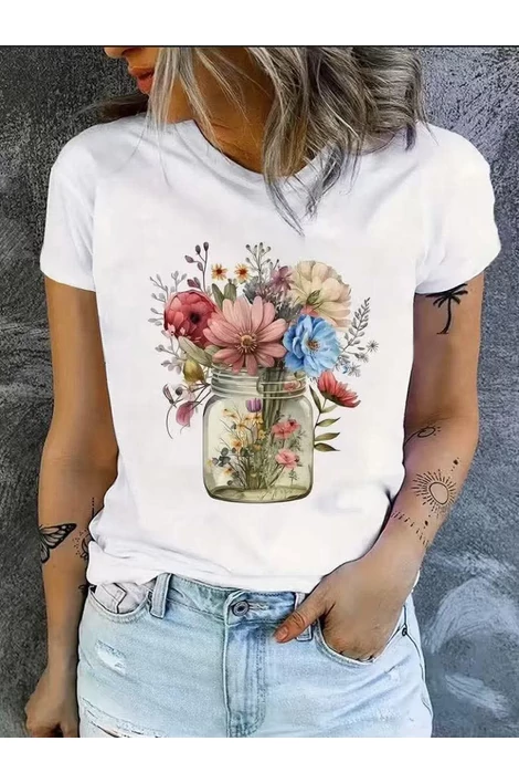 Üvegben virágcsokor mintás, fehér póló