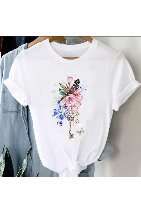 Virágcsokor & kulcs mintás fehér póló