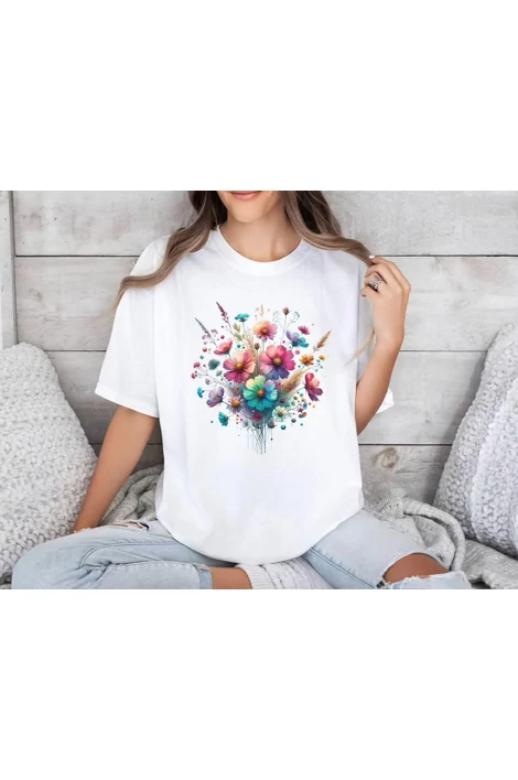 Virágcsokor mintás, fehér póló