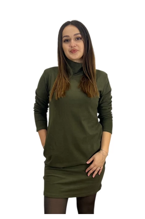 Lili plüss polár garbos  nyakú khakizöld ruha/tunika