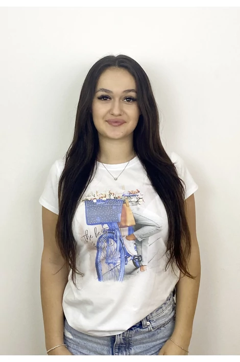 Nyomott mintás fehér póló,kék mintával