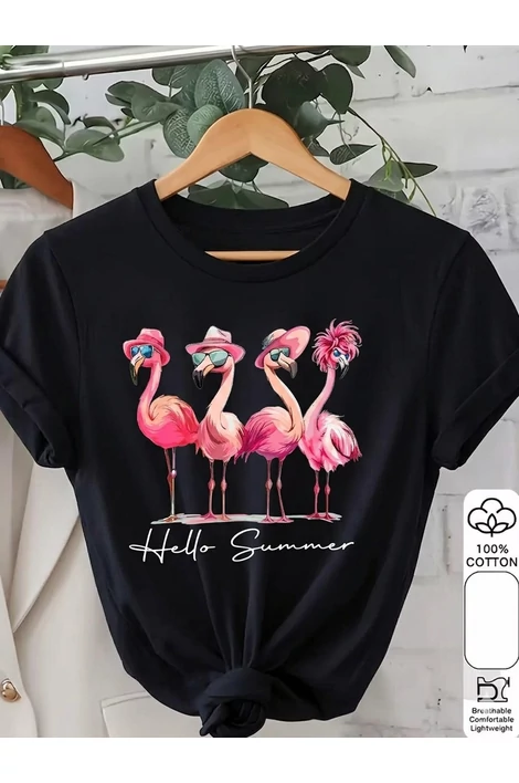 Flamingó mintás fekete póló
