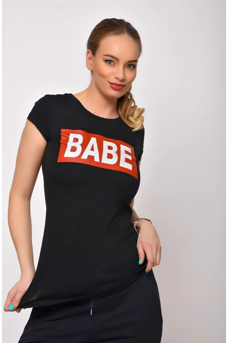 BABE  nyomott mintás fekete póló