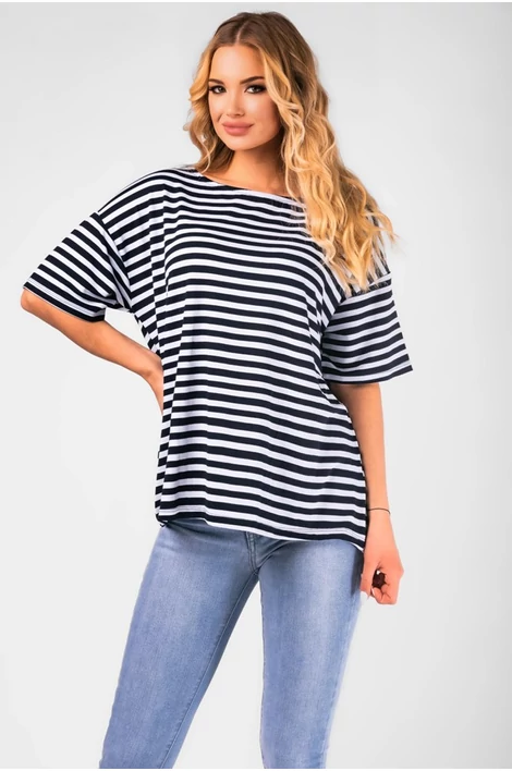 Sötétkék fehér keskeny csíkos  laza felső