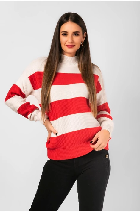 Magas nyakú fehér piros csíkos pulóver