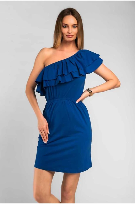 Félvállas fodros királykék  ruha