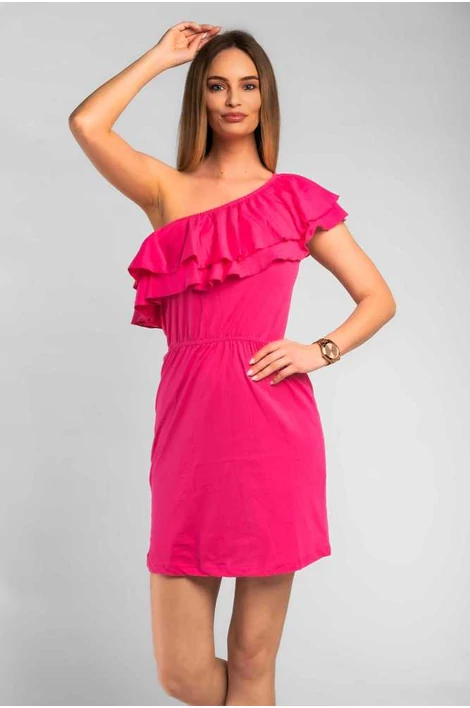 Félvállas fodros pink  ruha