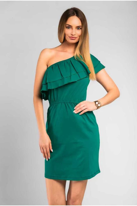 Félvállas fodros zöld  ruha