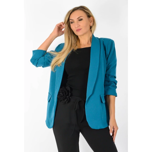 Petrolkék ráncolt ujjú, elegáns blézer