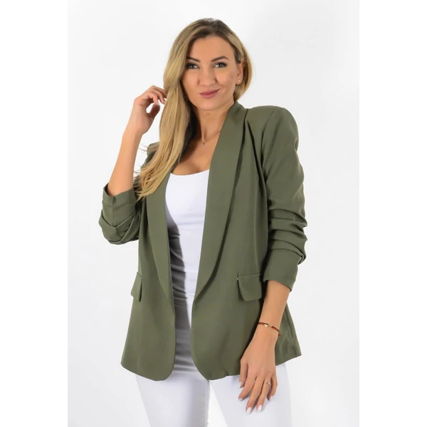 Khaki zöld ráncolt ujjú, elegáns blézer