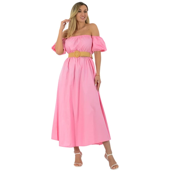 Spanyol ujjas, gumis derekú, öves rózsaszín vászonruha