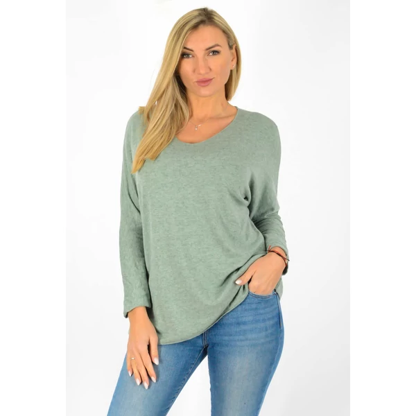 Vékonykötött  V nyakú olajzöld felső