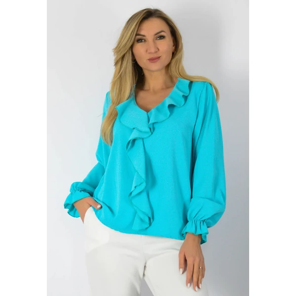 Viktória, fodros galléros türkíz felső