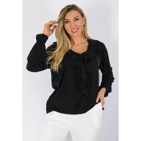 Viktória, fodros galléros fekete felső